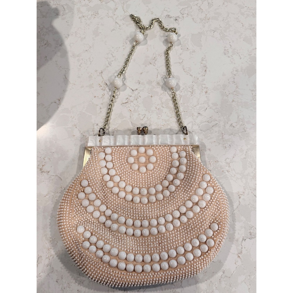 Vintage Beaded Crossbody Purse White Cream Faux Pearl Kiss Lock Evening Bag